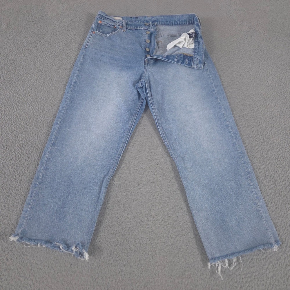 Gap Jeans Womens 14 Tall Blue Cheeky Straight Distressed Raw Hem Button Fly